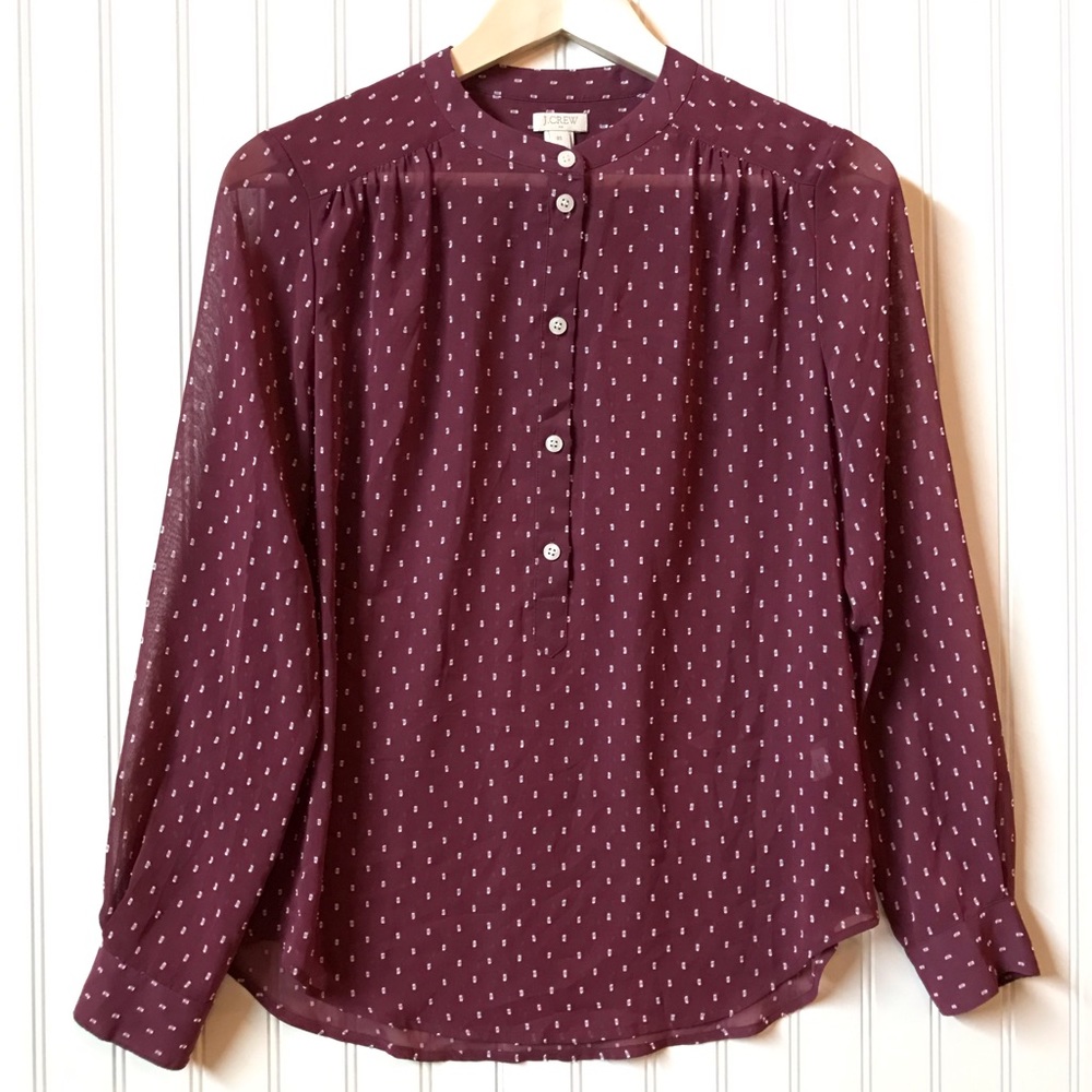 J.Crew Button Down Sheer Top Wine with White Bars Print.